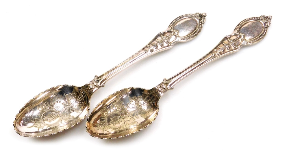 A pair of Victorian silver plated spoons, embossed and engraved with flowers, Thomas Prime & Son, Bi