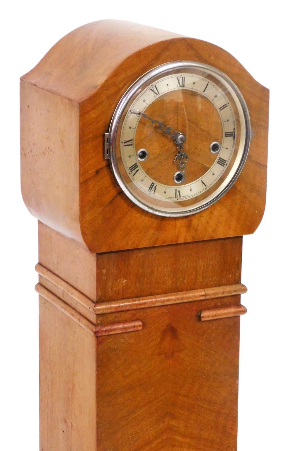 A 1930's Enfield walnut cased grandmother clock, the dial with silverered chapter ring bearing Roman