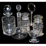 A Victorian cut glass globe and shaft decanter and stopper, further decanter and stopper, an Edwardi