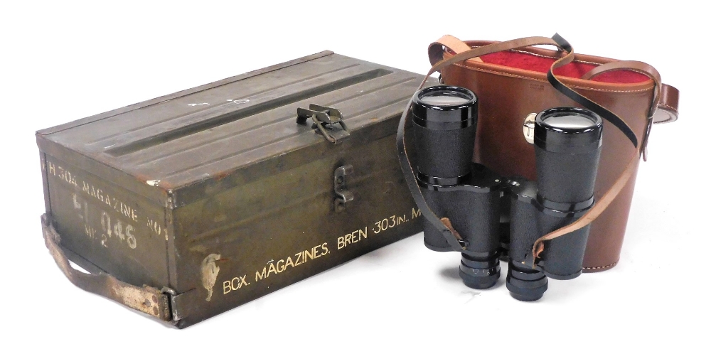 A military magazines box, marked Bren.303 In MK 1, containing military ephemera, wristwatches, a boo