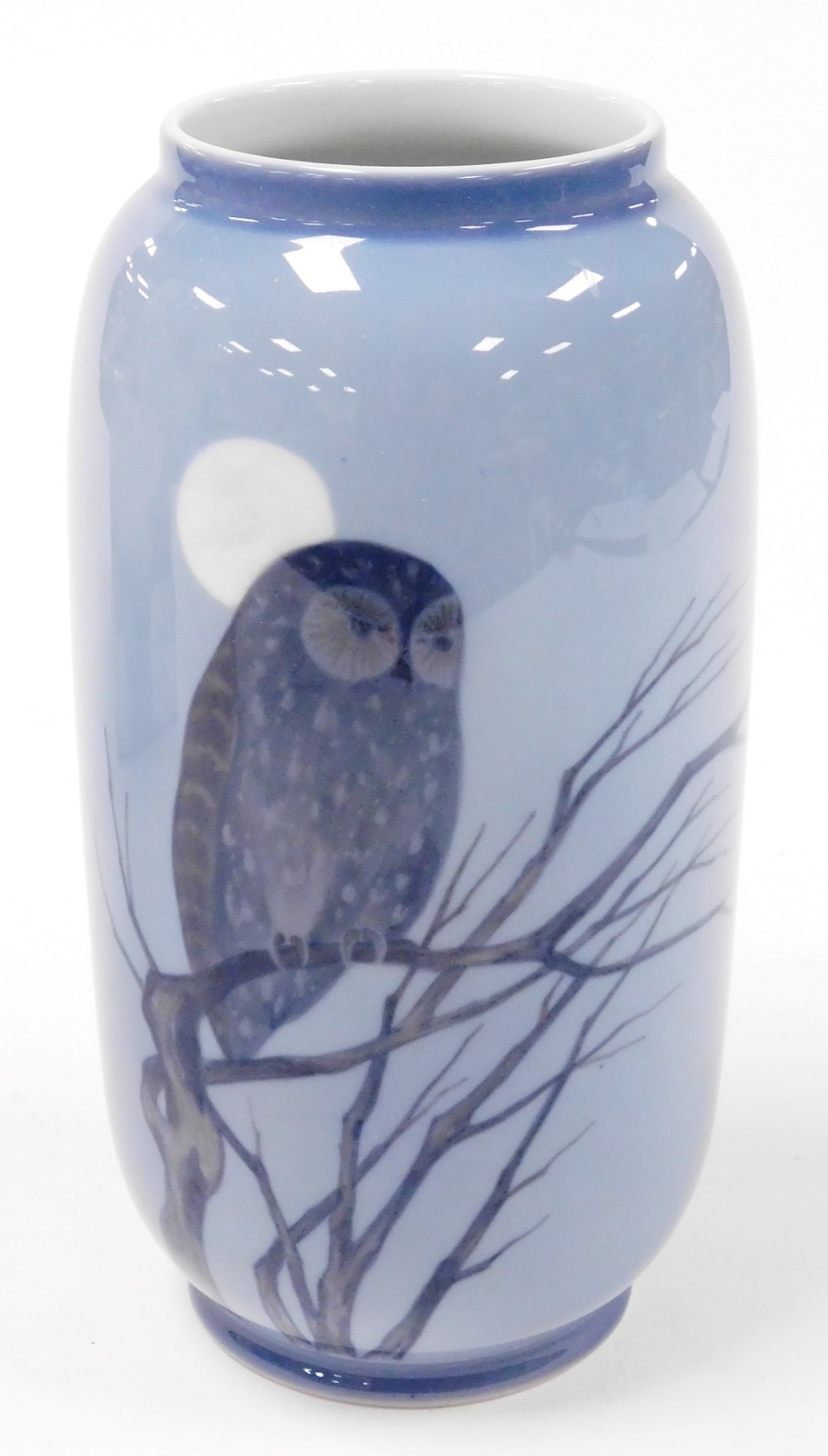 A Royal Copenhagen porcelain vase, of ovoid form, painted with an owl perched on a branch in the moo - Image 2 of 3