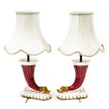 A pair of Coalport porcelain cornucopia vases, converted to table lamps, of fluted form terminating