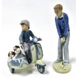 A Lladro Porcelain figure group of a boy on a Lambretta, with side car, holding three puppies, numbe