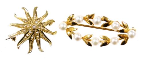 A 9ct gold and seed pearl oval brooch, of leaf and berry form, 3.4g, together with a seed pearl set