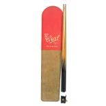 A West Country Woodwork Crest Marine ply surf board, 120cm wide, and a pair of snooker cues, 123cm w