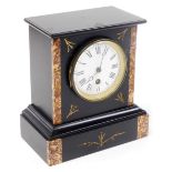A Victorian slate and marble mantel clock, circular enamel dial bearing Roman numerals, thirty hour