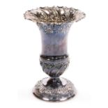 An Edward VII silver vase, repousse decorated with a flared shaped rim, on a pedestal foot, Fenton B