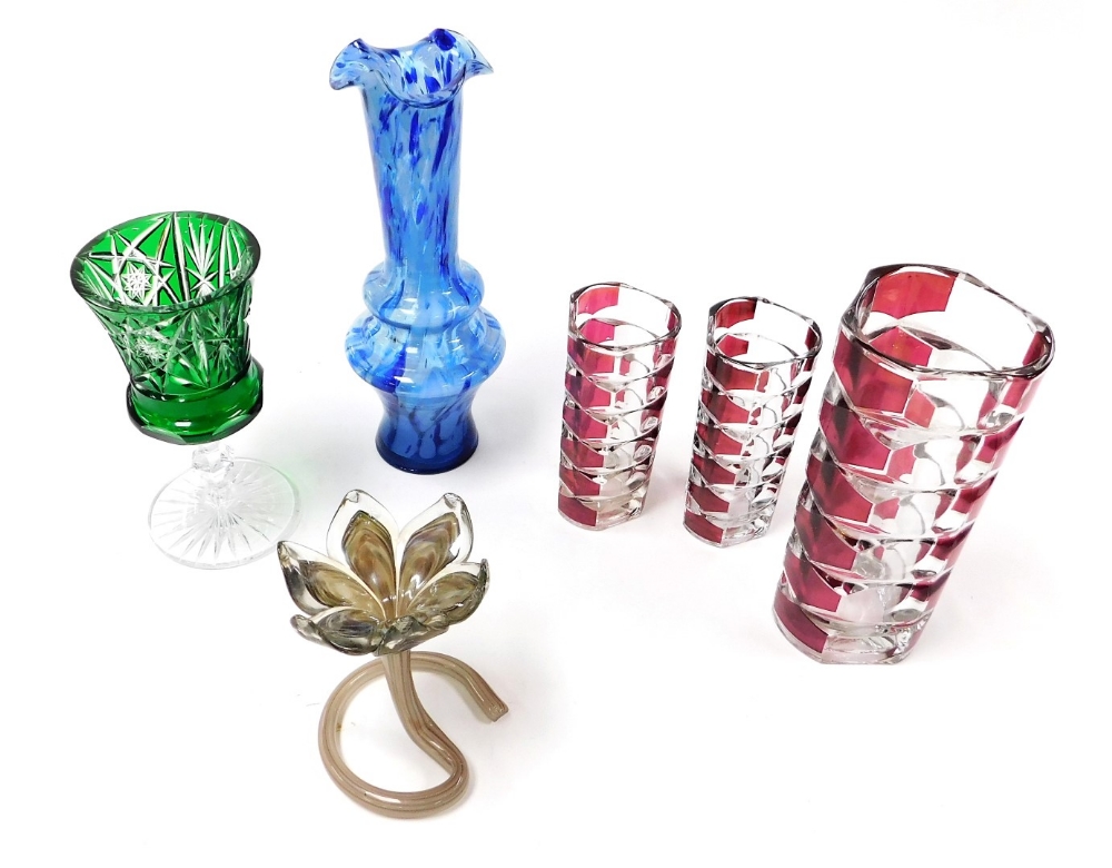 A group of 20thC glassware, including three Luminarc French ruby glass flashed vases, Bohemian green