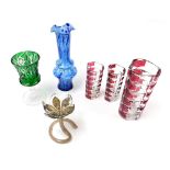 A group of 20thC glassware, including three Luminarc French ruby glass flashed vases, Bohemian green