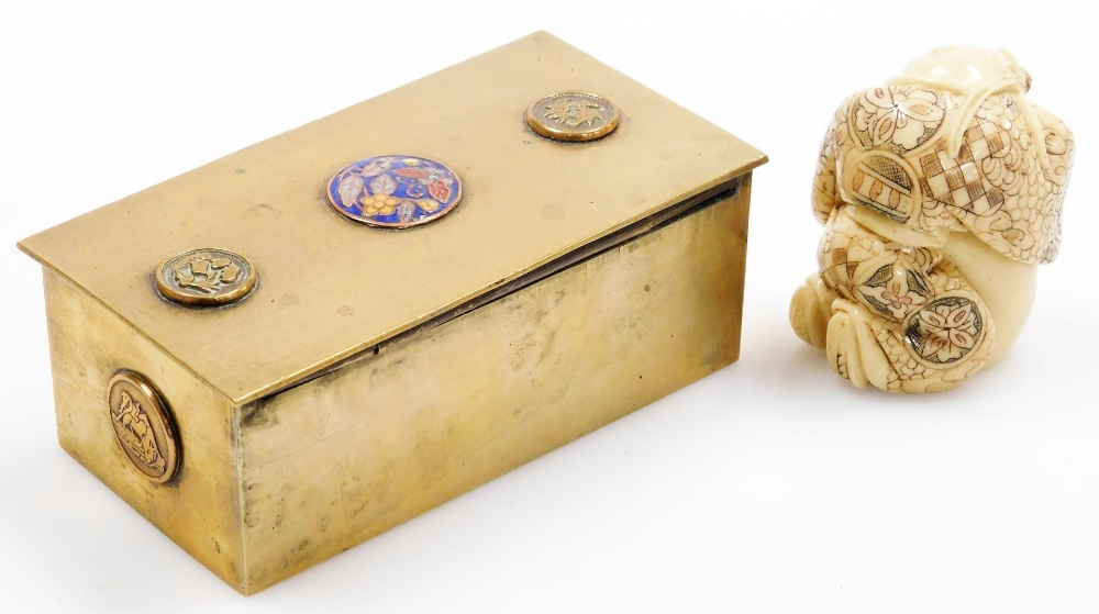 A 20thC Chinese brass and enamel three division stamp box, 10cm wide, together with a resin figure o - Image 2 of 3