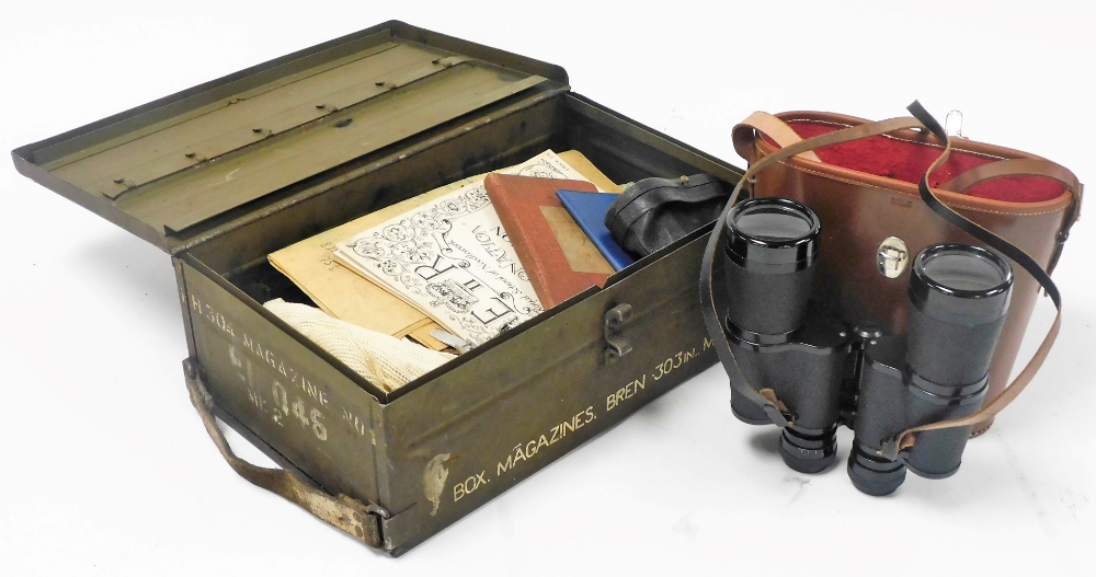 A military magazines box, marked Bren.303 In MK 1, containing military ephemera, wristwatches, a boo - Image 2 of 2