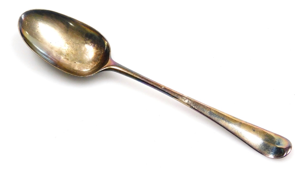 A George III silver rat-tail pattern dessert spoon, engraved verso IB 1782, London 1779, 0.77oz.