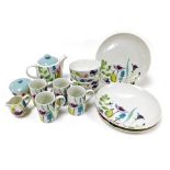 A Portmeirion pottery Water Garden pattern part breakfast service, comprising four plates, four cere