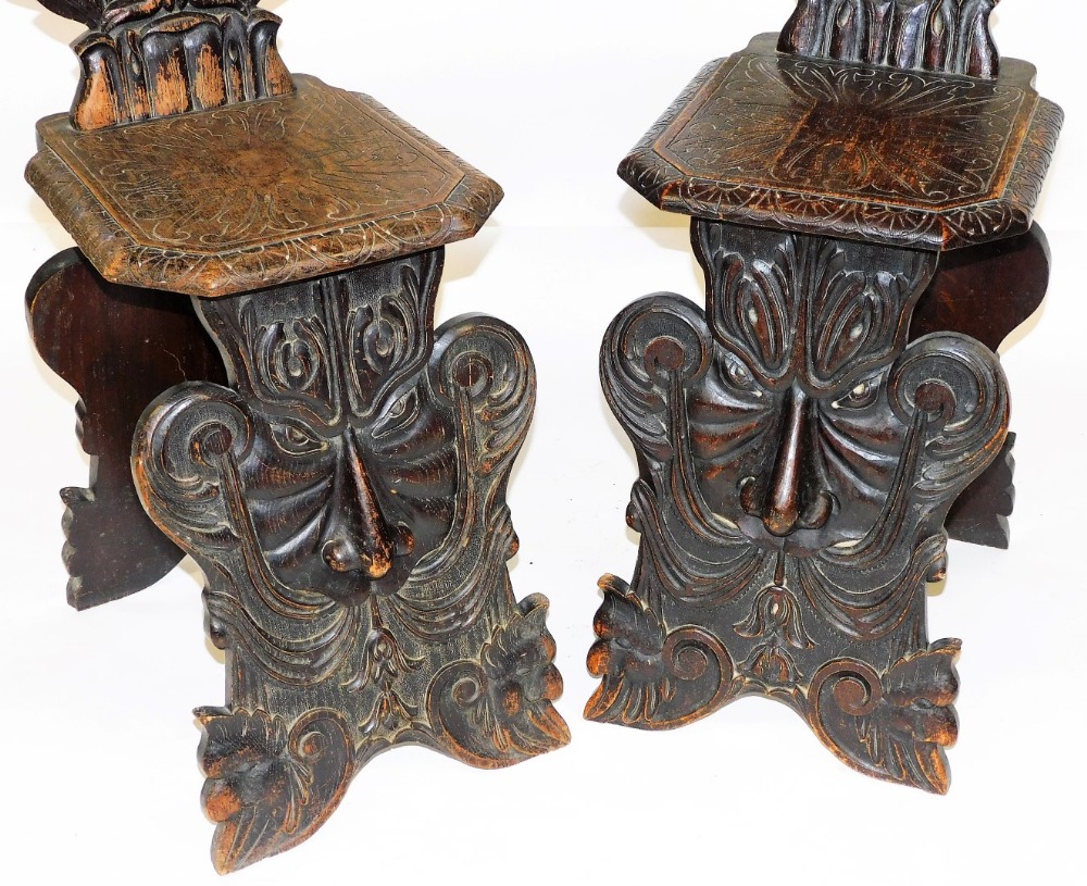 A pair of early 19thC Italian oak Sgabello hall chairs, with foliate carved crest rails, the back ca - Image 3 of 3