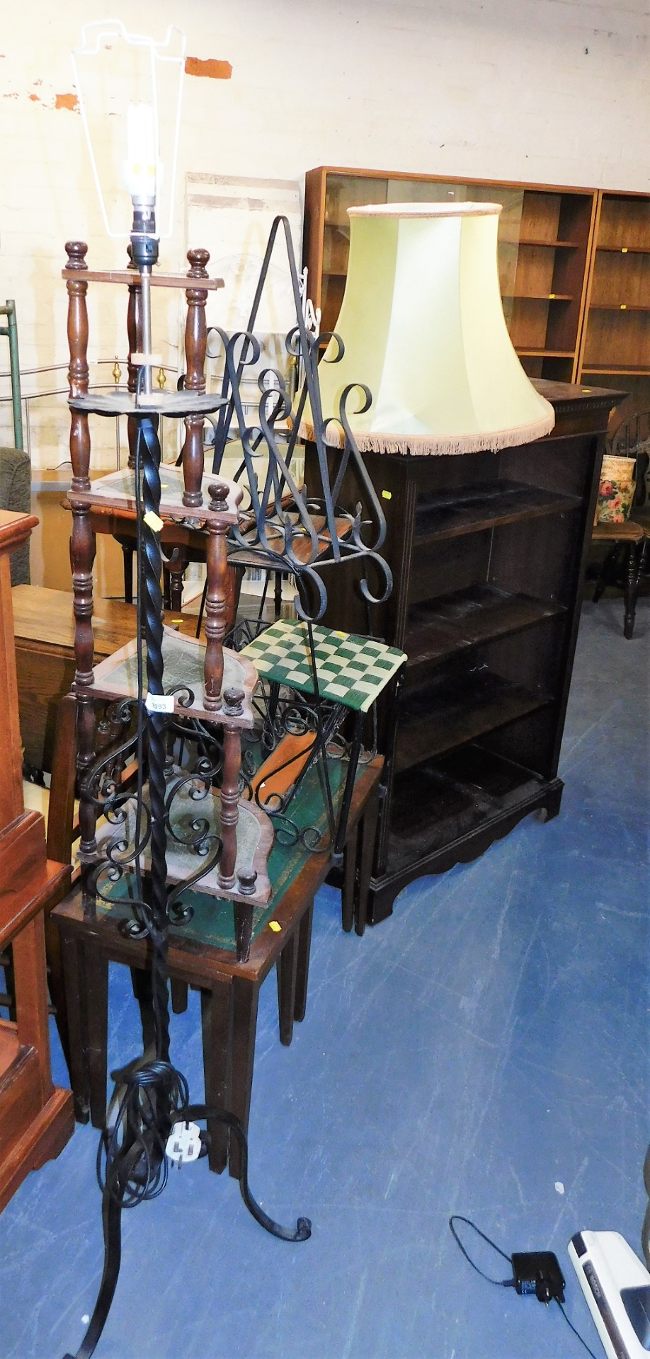 A group of furniture, to include a wrought iron standard lamp, 178cm high including shade, a four ti
