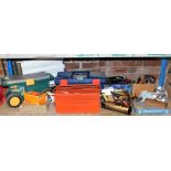 Various tool boxes, containing tools, foot pump, spirit level, oil dispensers, brass blow torch, a P