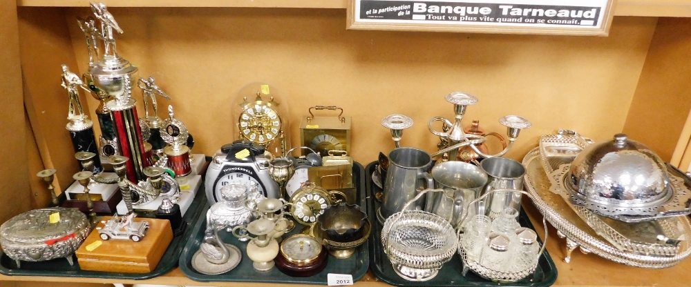 Various sporting trophies, pewter tankards, a plated candelabra, 24cm high, other plated wares, an A