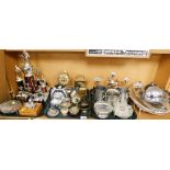 Various sporting trophies, pewter tankards, a plated candelabra, 24cm high, other plated wares, an A