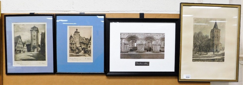 A group of pictures, to include an early 20thC phototropic print of Fountains Abbey, 13cm x 22cm, af