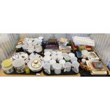 General household effects, various mugs, cased flatware, plated cake slice, a London Clock Company c