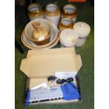Various stoneware jars, mixing bowls, stoneware oatmeal and ground rice mid century jars and covers,