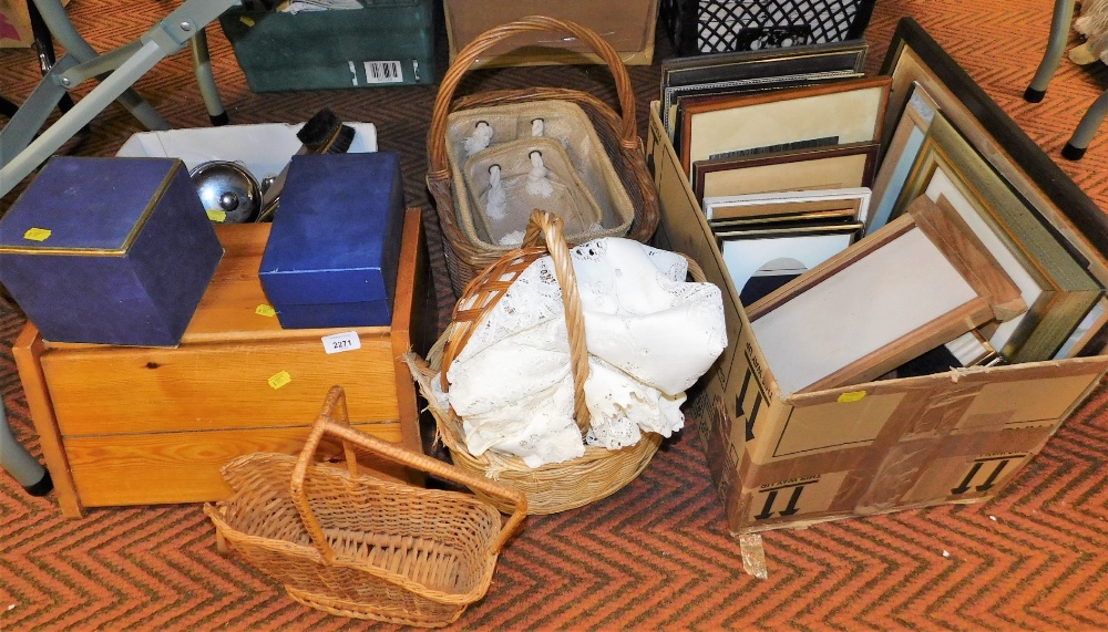 General household effects, various picture frames, wicker baskets, a pine bread bin, cafetiere, etc.