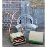 A manual garden mower, a galvanised two handled tub, chicken wire, etc. (a quantity)