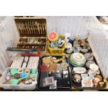A cased canteen of cutlery, with wooden handles, loose flatware, pottery Delft clogs, trinket boxes,