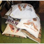 Various cushions, novelty Basset Hound, etc.