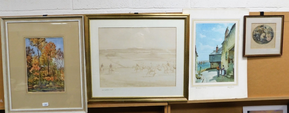 A group of pictures, prints, etc., to include after Herbert Truman, The Warren St Ives, colour print