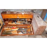 A pine tool box, containing various tools, screwdrivers, hammers, mallets, etc., tool box 82cm wide,