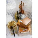 A pair of cast metal and brass kitchen scales, cafetiere, copper fireside companion set, etc. (a qua