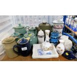 A Denby Pottery teapot in green, 21cm high, various other Denby hot water jugs, teapots, an Aynsley