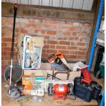 Various tools, to include a Sealey 6" bench grinder, a Black and Decker jigsaw, various tool boxes,