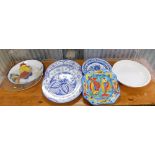 Various pottery chargers, to include charger decorated with fish 30cm wide, blue and white chargers,