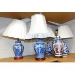 Various table lamps, to include a pair of Oriental style blue and white lamp bases, decorated with r