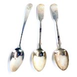 Three silver teaspoons, each engraved with the initials H, two Victorian, London 1850, one George II