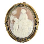 A 19thC shell cameo brooch, the central cameo depicting maiden with halo and two children, with tree