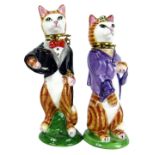 Two Royal Stratford Staffordshire cat pill boxes, comprising gentleman with top hat, and a female in