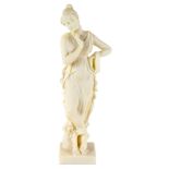 An Alabaster statue of a Grecian female, in thoughtful pose with flowing gowns, 25cm high.