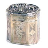 A silver miniature tea canister, with filigree and acorn design top, on octagonal body, with Lion Pa