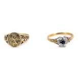 Two 9ct gold dress rings, comprising a St Christopher dress ring, with scroll design shoulders, size