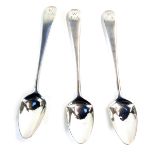 Three George III Old English pattern silver teaspoons, each bearing the initials JWA, London 1796, 1