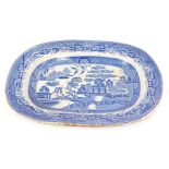 A 19thC blue and white Willow pattern meat plate, 30cm x 38cm. (AF)