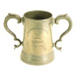 A Victorian pewter presentation loving cup, awarded to the Winner of Division Sweepstakes, C Cunard,