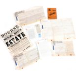 A group of Bourne related ephemera, comprising Messrs Royce Estate Sale poster, indentures, etc.