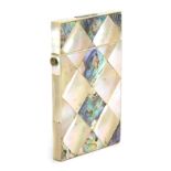 A 19thC mother of pearl card case, with multicoloured diamond shaped mother of pearl sections, with