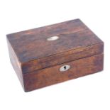 A Victorian mahogany box, with mother of pearl oval plaque and escutcheon, and a blue lined interior