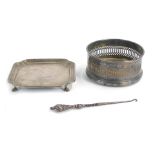 Three items of silver ware, comprising a George V silver card salver, with pie crust edge, Sheffield