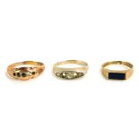 Three dress rings, comprising a 9ct gold black bloodstone set signet ring, size I½, a rose gold and